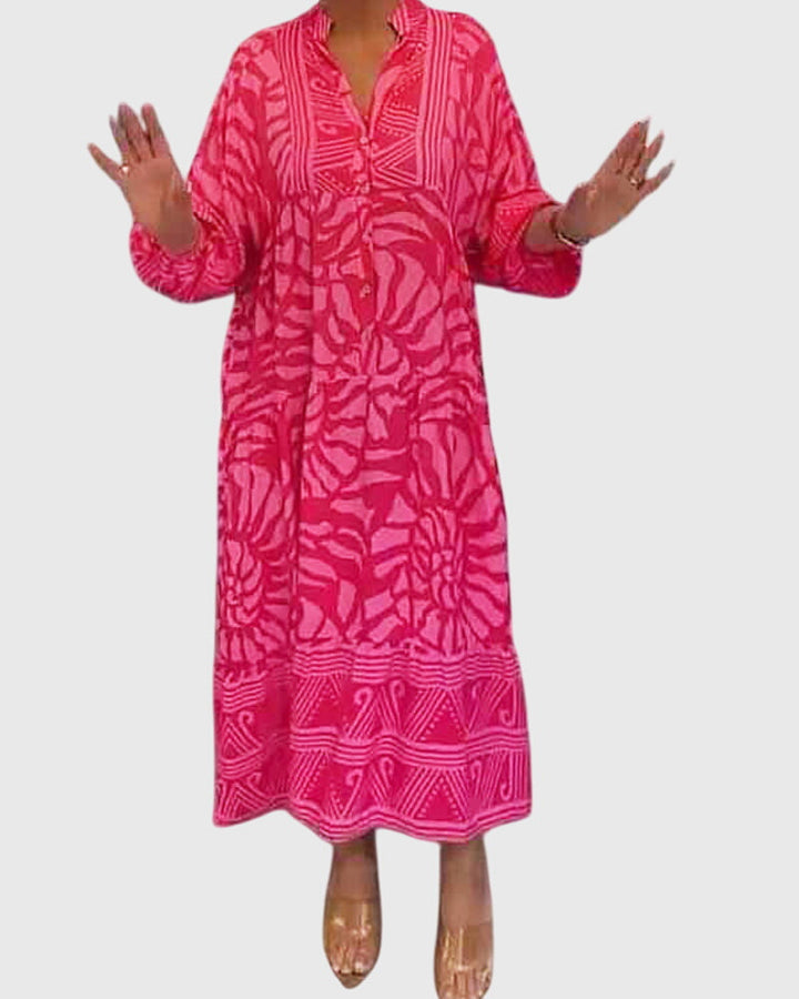 Damen Maxikleid mit V-Ausschnitt und sommerlichem Print, ideal für Freizeit & Alltag, luftig & bequem.