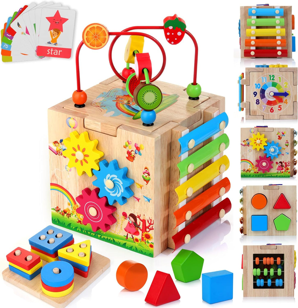 Multifunktionaler Holz-Aktivitätswürfel. Sicheres Lernspielzeug für Kleinkinder, fördert Spiel & Entwicklung mit vielen Seiten.
