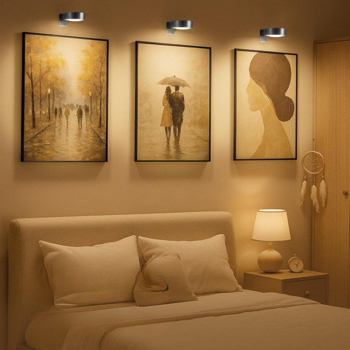 Detailansicht der dimmbaren, kabellosen LED Bilderleuchte, magnetisch, warmweiß, hochwertige Aluminium-Oberfläche.