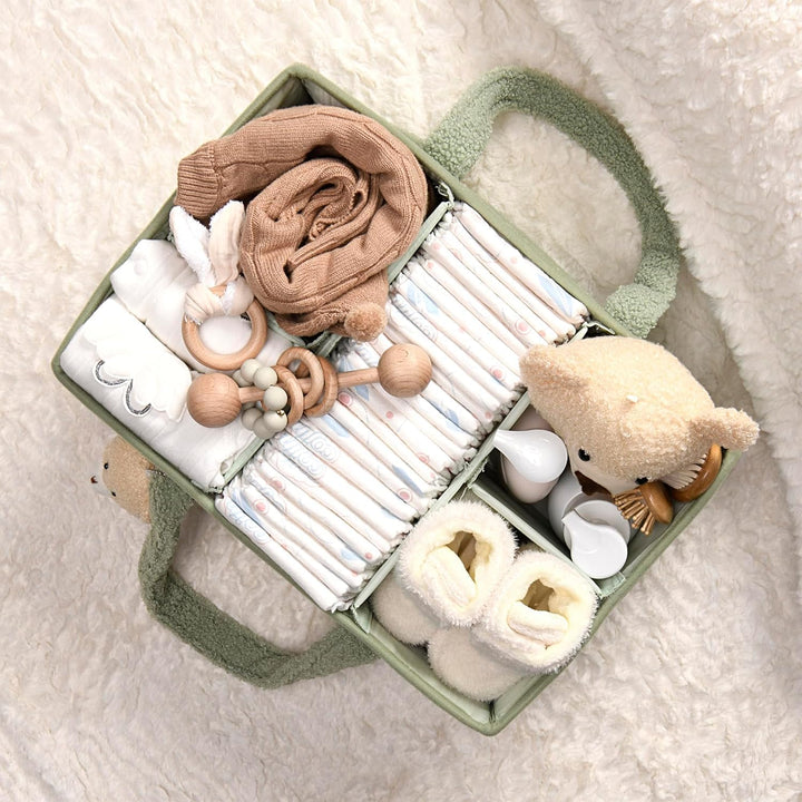 Fluffy Windel-Caddy in Sherpa-Optik, mobil & platzsparend im Babyzimmer.