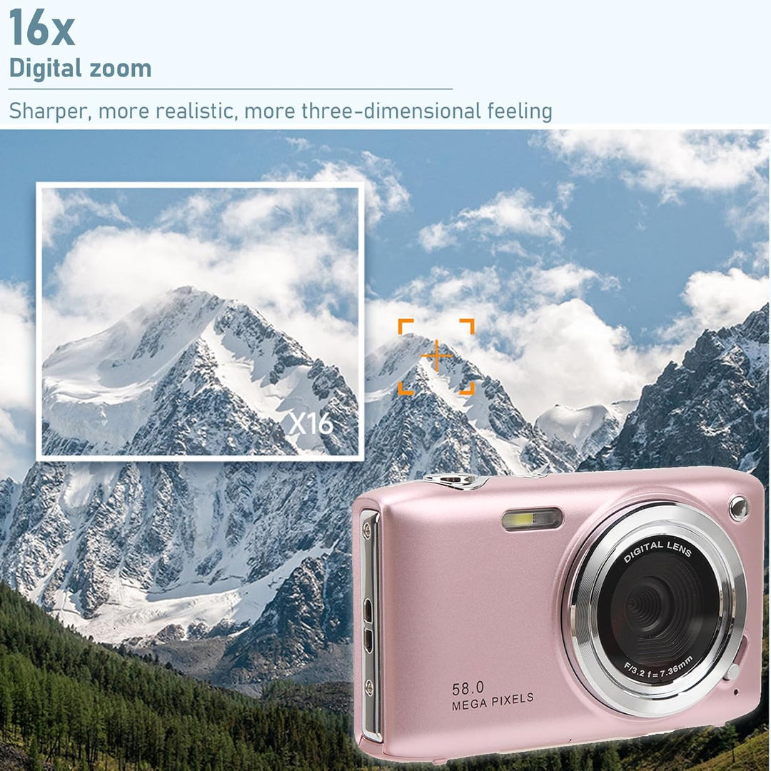 Moderne 4K Digitalkamera mit 58MP Sensor und 16x Zoom für fortschrittliche Fotografie.