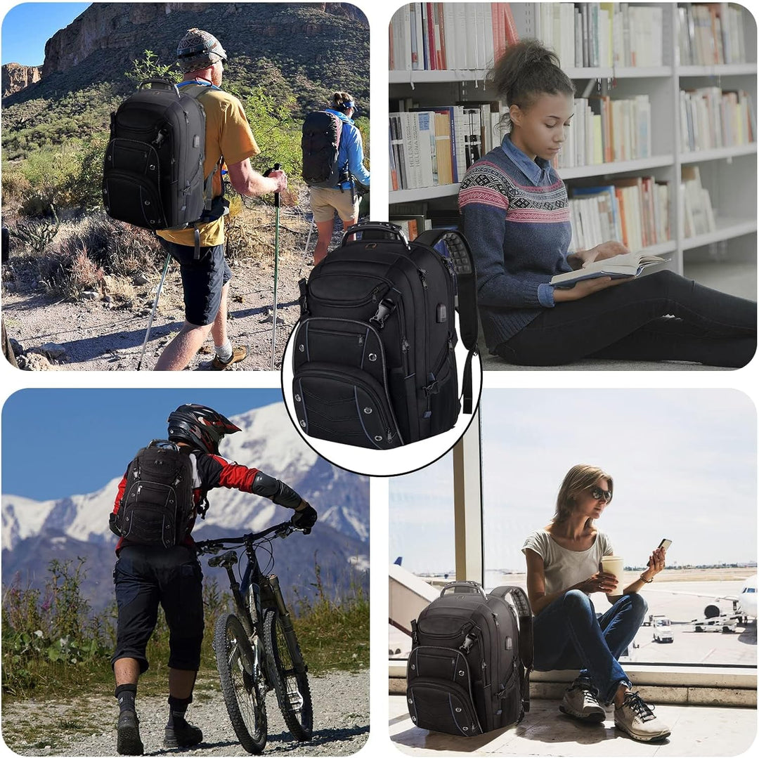Person trägt den 55L Unisex Laptoprucksack, ideal für Arbeit, Uni & lange Reisen. Ergonomisch & praktisch.