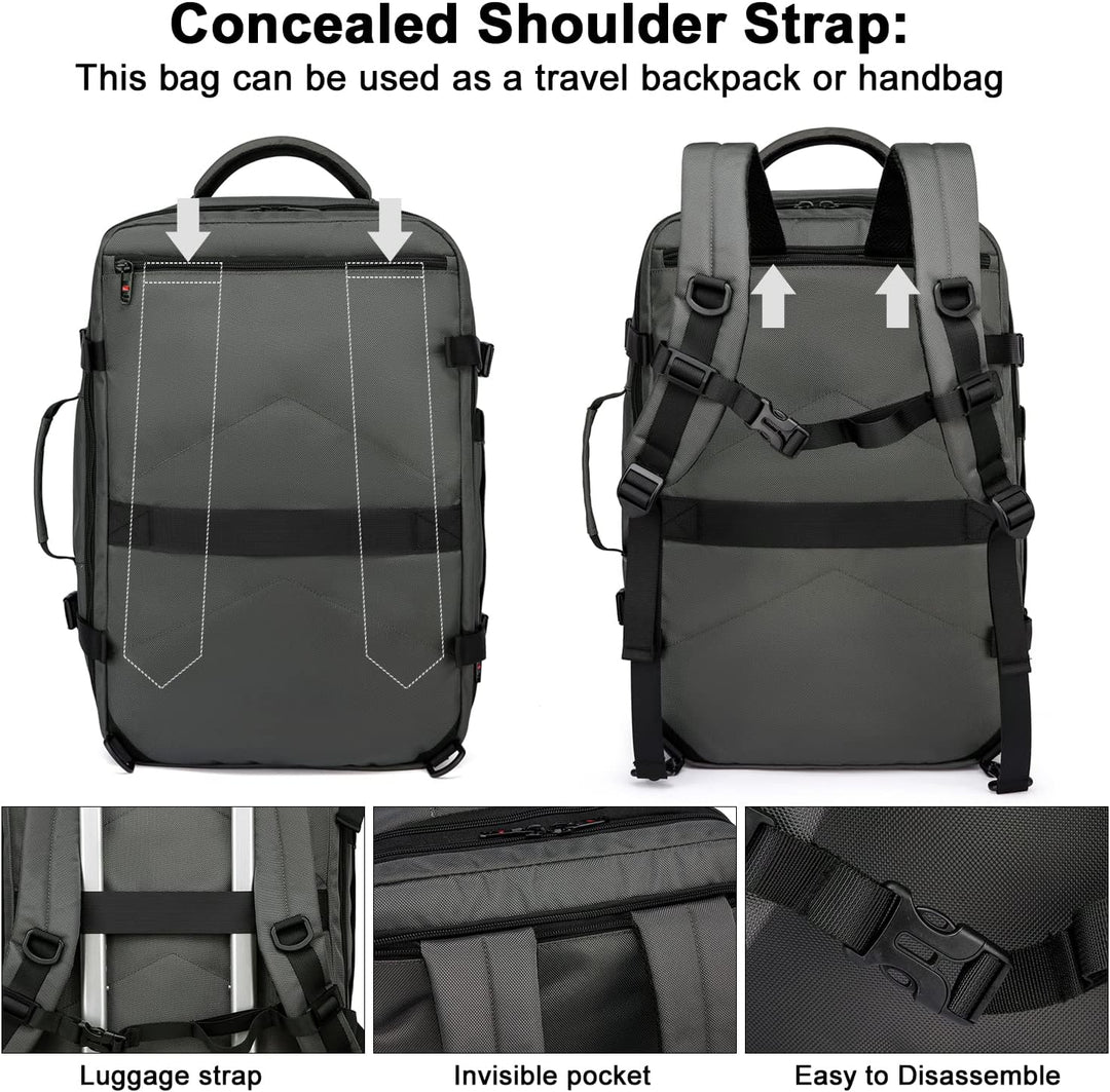 Multifunktionaler grauer Reiserucksack 45-55L, mit Laptopfach & vielseitiger Innenorganisation.