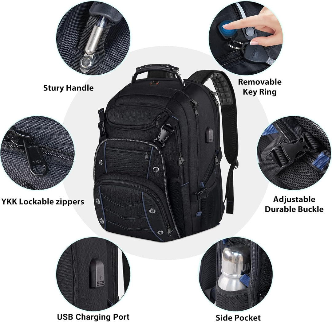 Detailansicht des 55L Reiserucksacks: USB-Ladeanschluss, seitliche Fächer & robustes, wasserabweisendes Material.