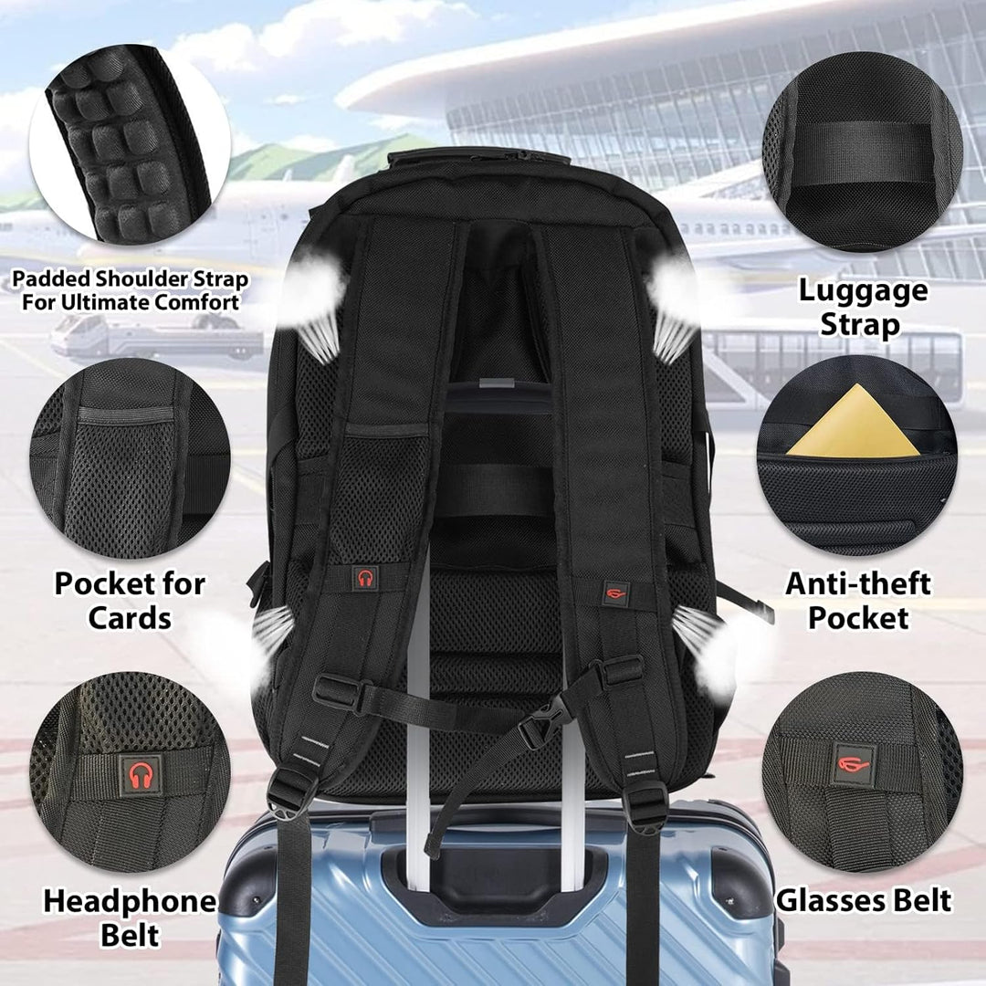 Innenansicht des 55L Laptop-Reiserucksacks: gepolstertes Fach für Laptops, viele Organizer-Taschen für Ordnung.