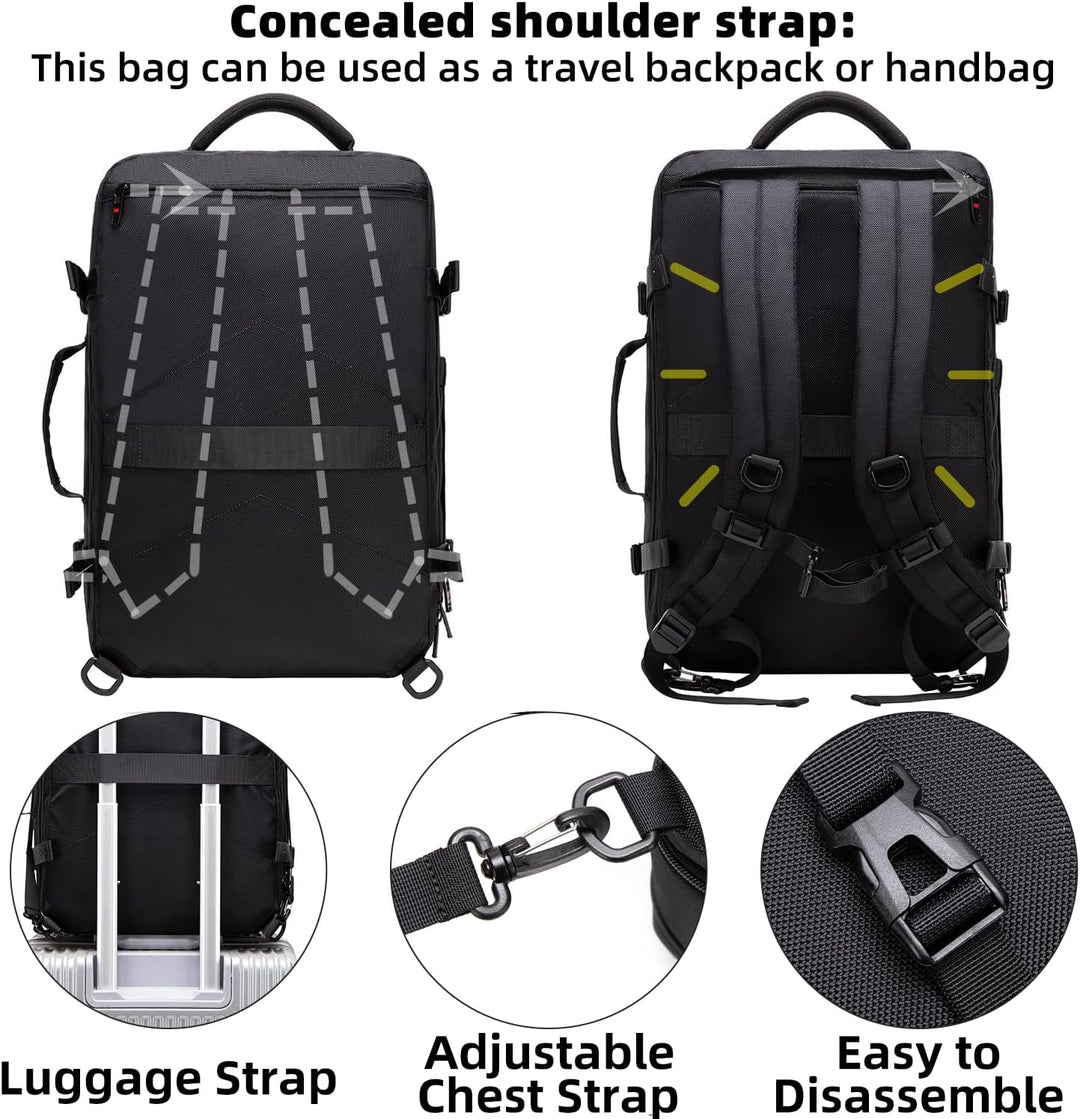 Stylischer schwarzer Handgepäck Rucksack, 45-55L Volumen, erweiterbar und perfekt für Kurztrips.