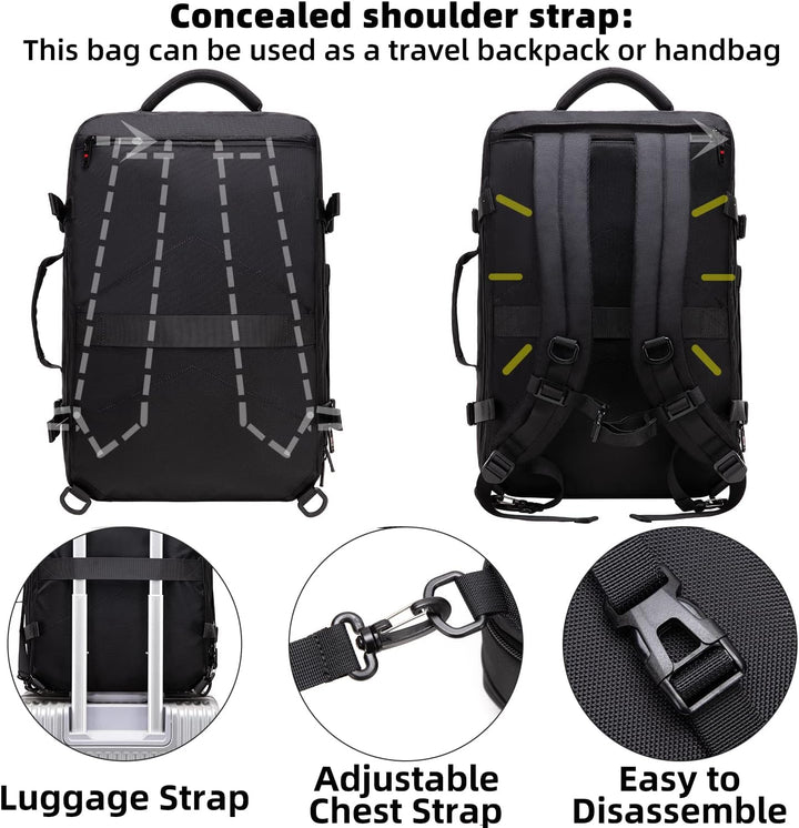Stylischer schwarzer Handgepäck Rucksack, 45-55L Volumen, erweiterbar und perfekt für Kurztrips.