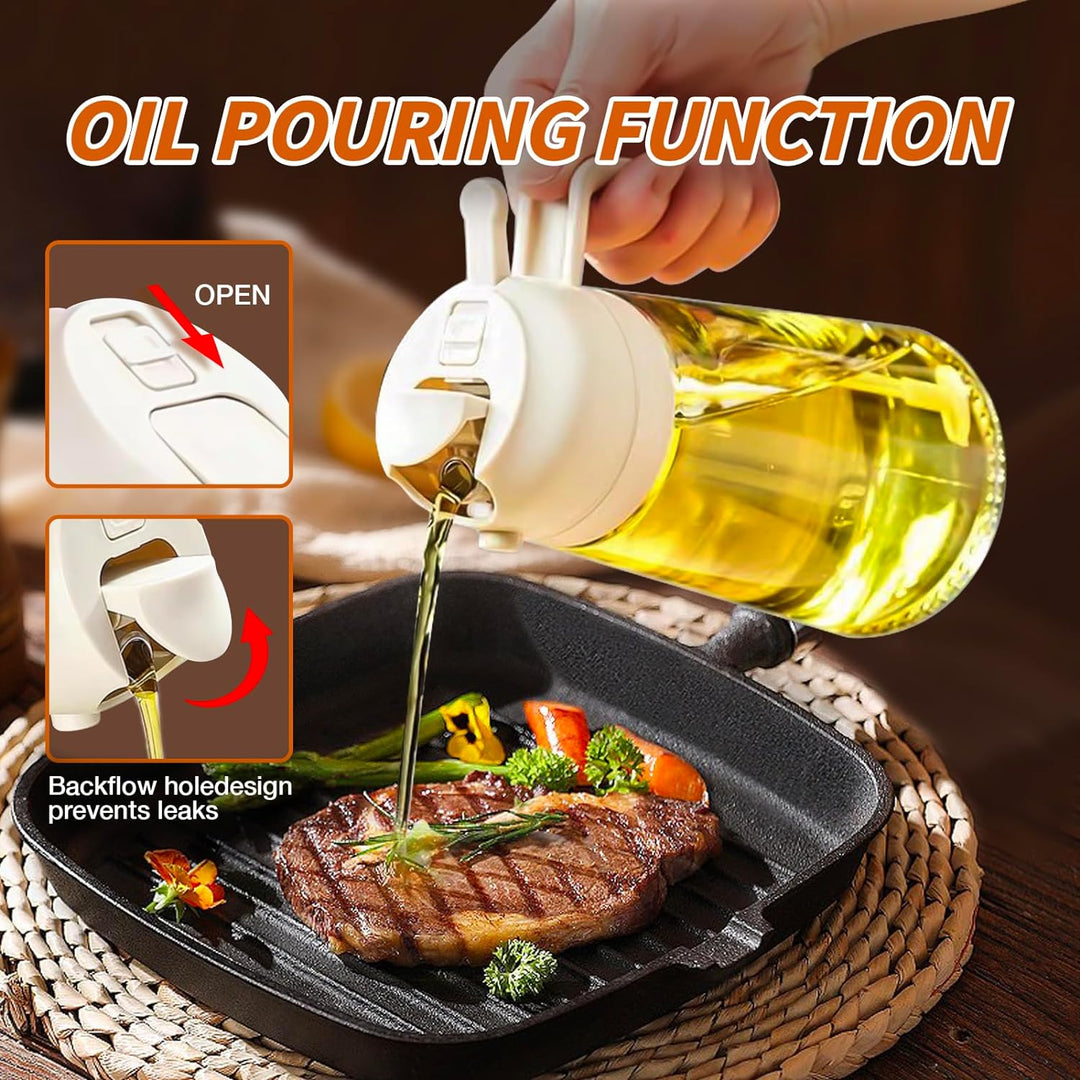 Multifunktionaler Olivenölspray aus Glas, ideal als Ölspender für Kochen, Grillen & Salatzubereitung. Küchenhelfer.
