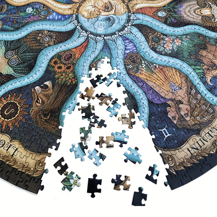 Sternzeichen-Rundpuzzle mit allen 12 Tierkreiszeichen, tolles Hobby und Deko-Element für Astrologie-Liebhaber.