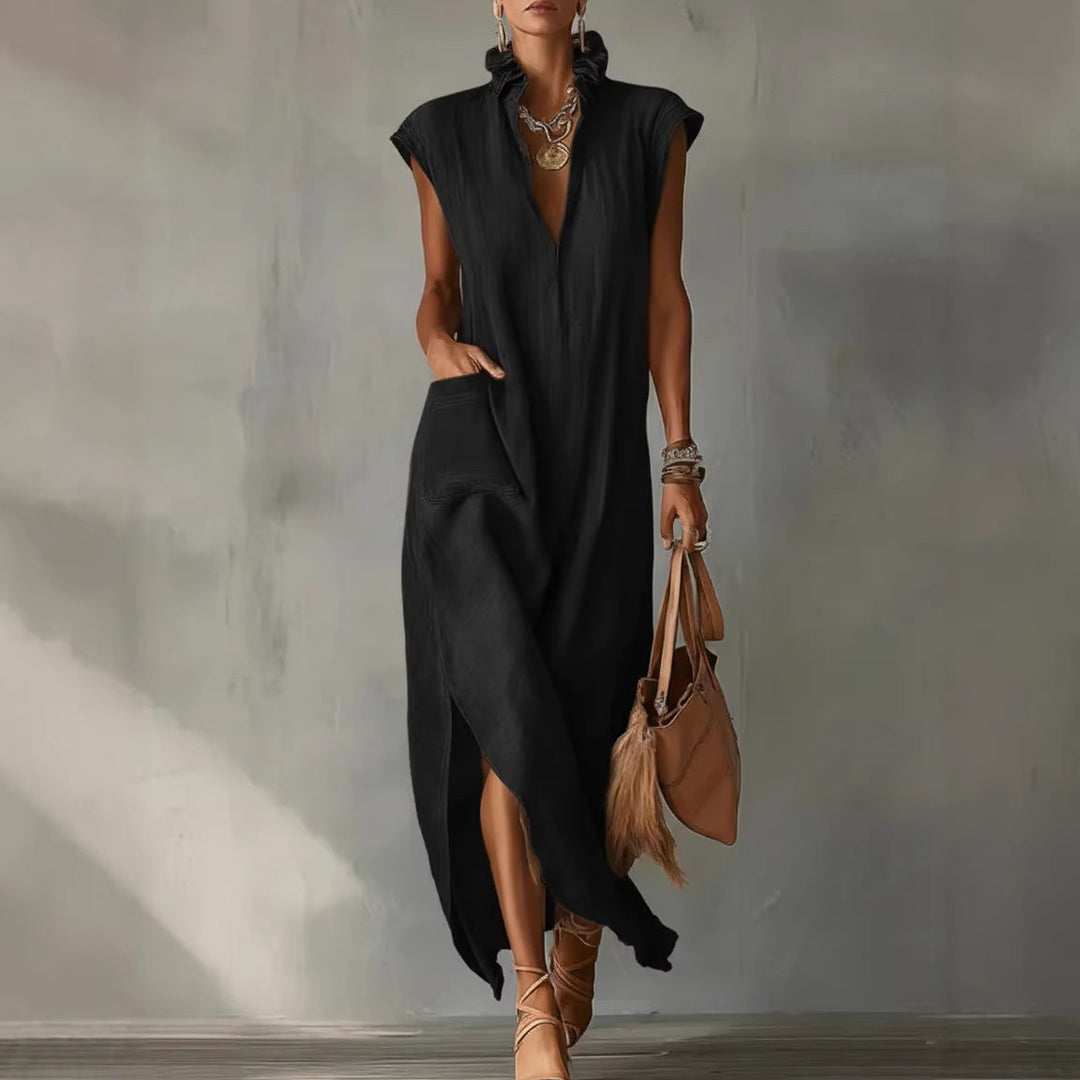 Stilvolles Damen Midikleid, ärmellos, mit Hemdkragen und lockerer Silhouette, perfekt als bequemes Sommerkleid.