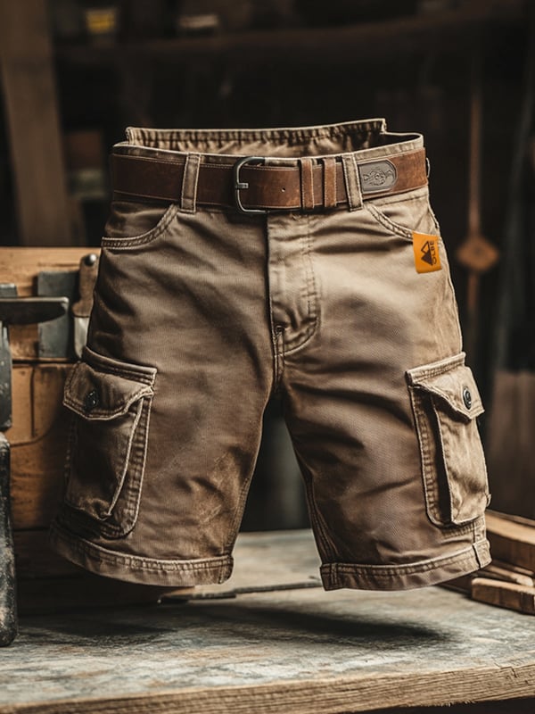 Sandbeige Herren Cargo Shorts im Relaxed Fit für lässige Freizeit. Vintage Look, Workwear Stil, praktische Seitentaschen.