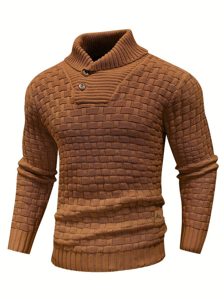 Moderner Herren Pullover, Schalkragen, Waffelstruktur. Warmer Langarm für Männer.