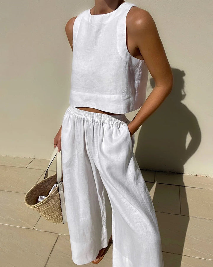 Damen ärmelloses Zweiteiler Set für den Sommer: bequemer Freizeitanzug mit Hose, ideal für Urlaubslook & Casual Chic.