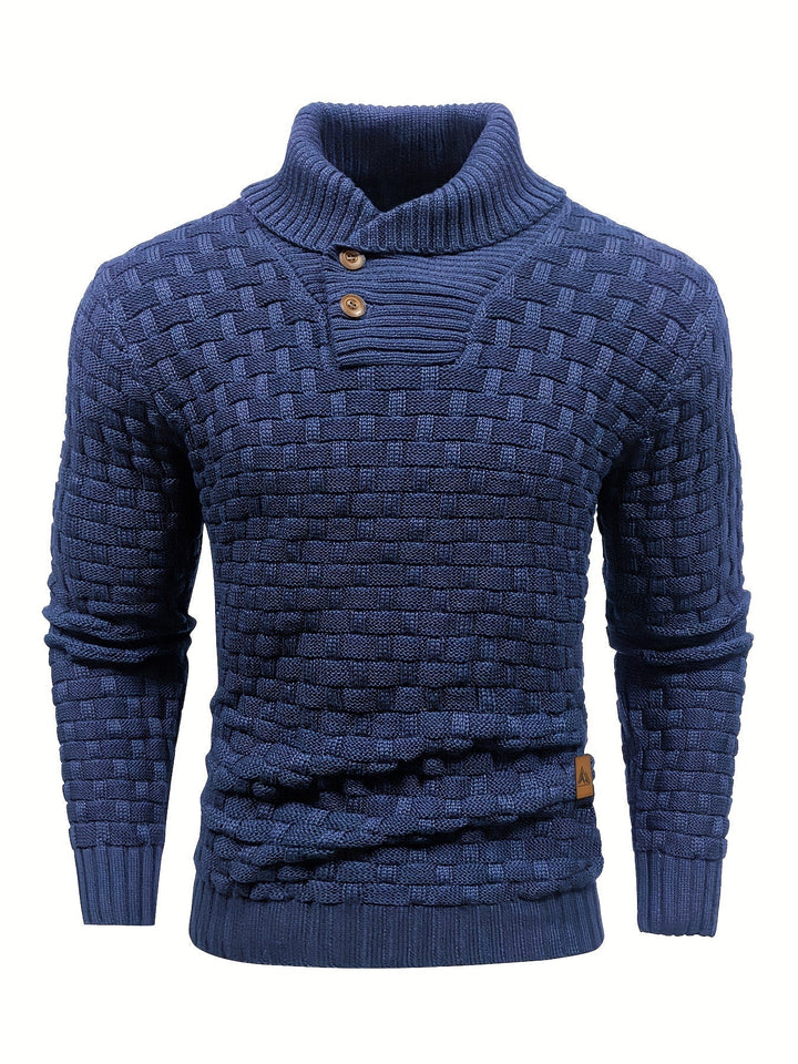 Stilvoller Herren Pullover mit Schalkragen und Waffelstruktur. Ideal für Herbst und Winter.