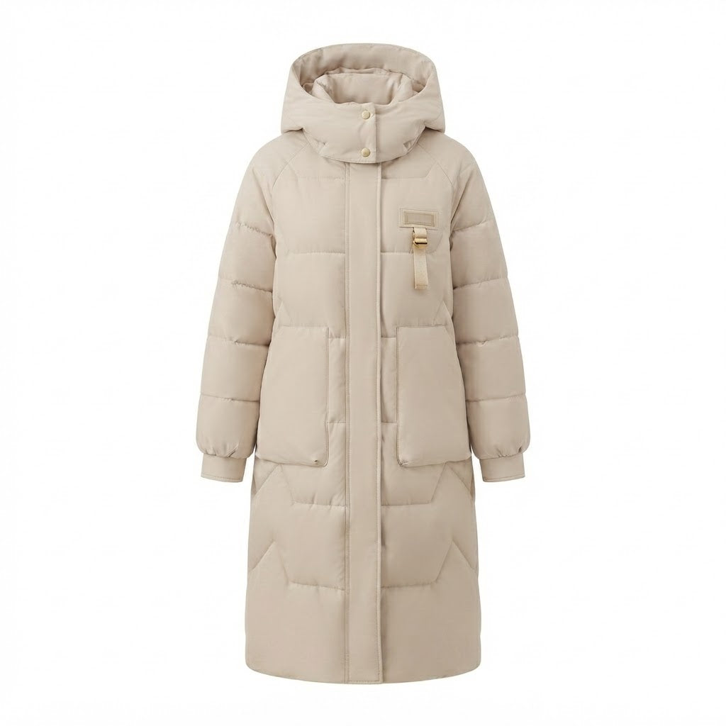 Elegante Damen lange Thermo Steppjacke mit Oversize Kapuze, gesteppt, ideal als Wintermantel.