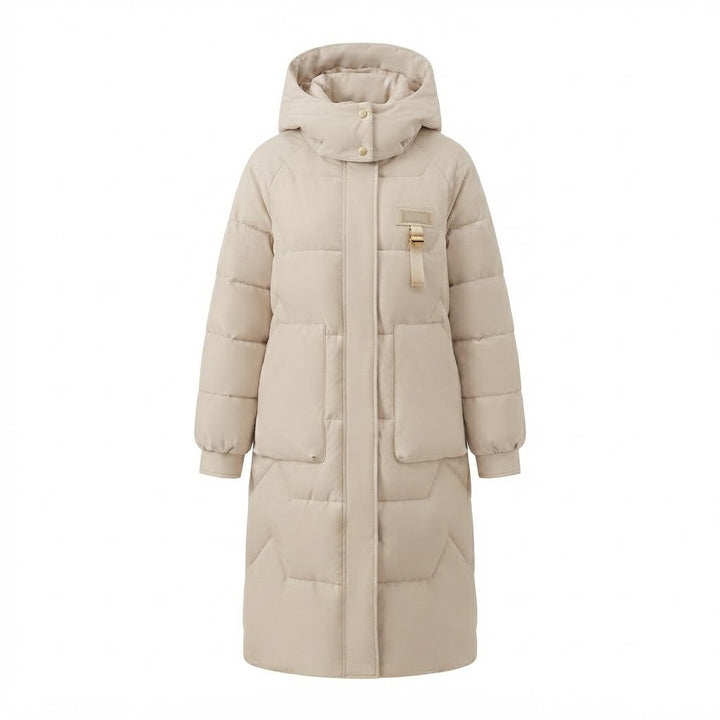 Elegante Damen lange Thermo Steppjacke mit Oversize Kapuze, gesteppt, ideal als Wintermantel.