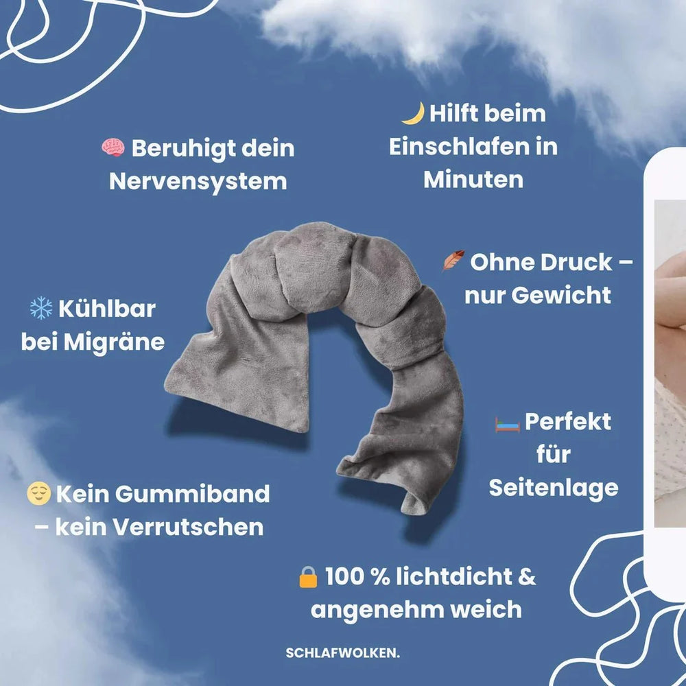 SleepSoft Gewichtsschlafmaske in Grau mit Produktmerkmalen im Überblick