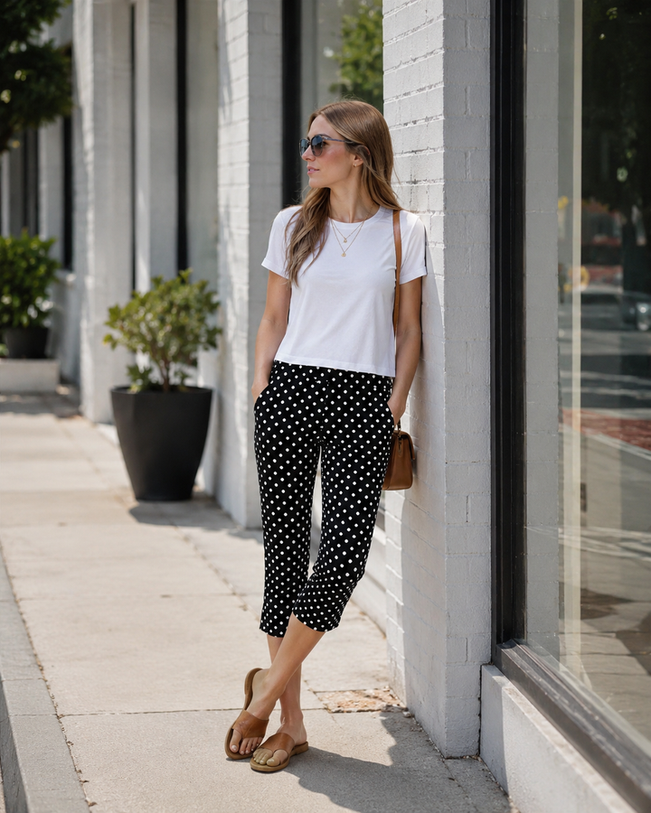 Vielseitige Damen Sommerhose, schwarz mit weißen Punkten, Slim Fit, knöchellang, für Freizeit & Büro.