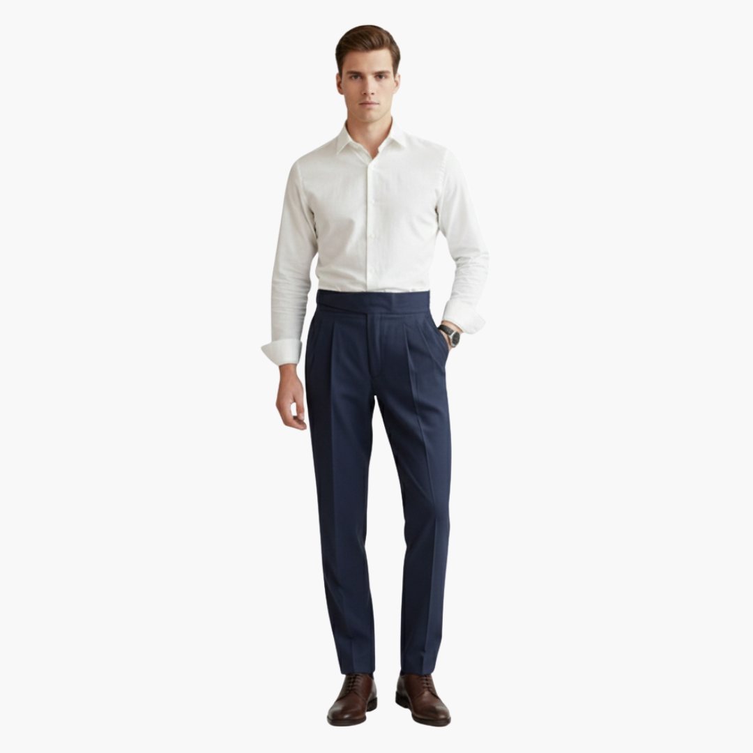 Vollansicht: Moderne hochtaillierte Herrenhose mit geradem Bein für stilvolle Outfits.