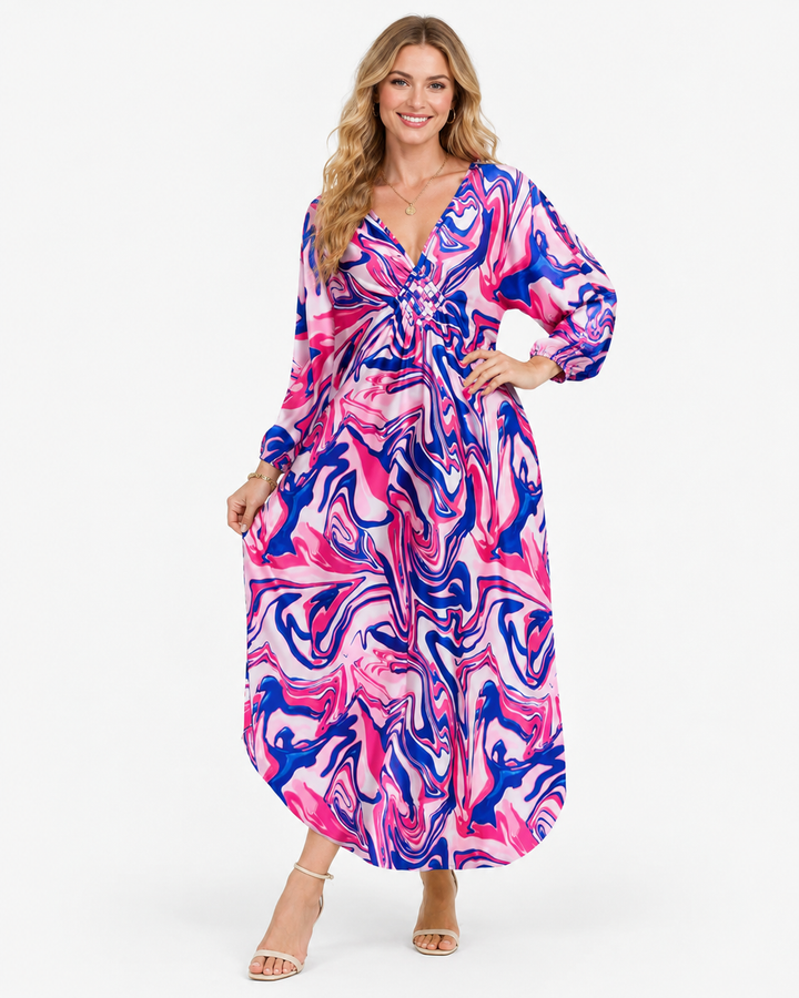 Elegantes Damen Kaftan Sommerkleid, Maxilänge, V-Ausschnitt. Fließend, leicht & gemütlich für Strand & Urlaub.