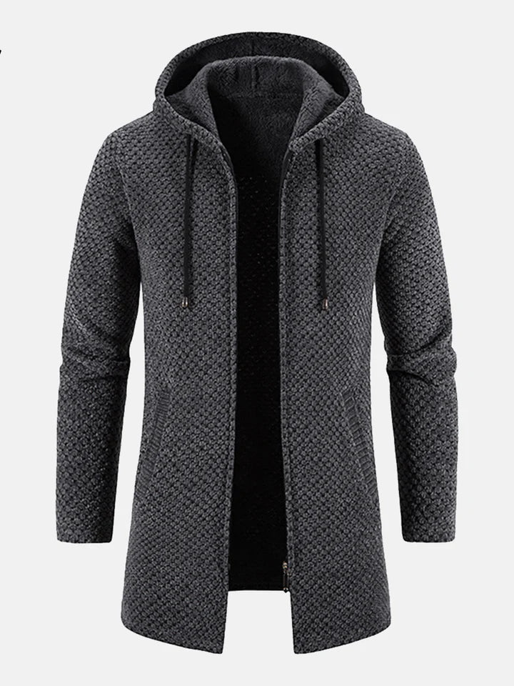 Robuste Unisex Winterjacke aus Strick, mit Kapuze und Reißverschluss, bietet optimalen Kälteschutz.