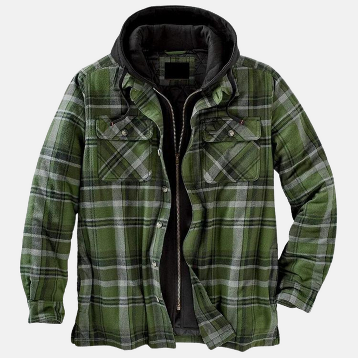 Karierte Outdoor-Herrenjacke, lässig & warm, für stilvolle Winterabenteuer und Männermode.