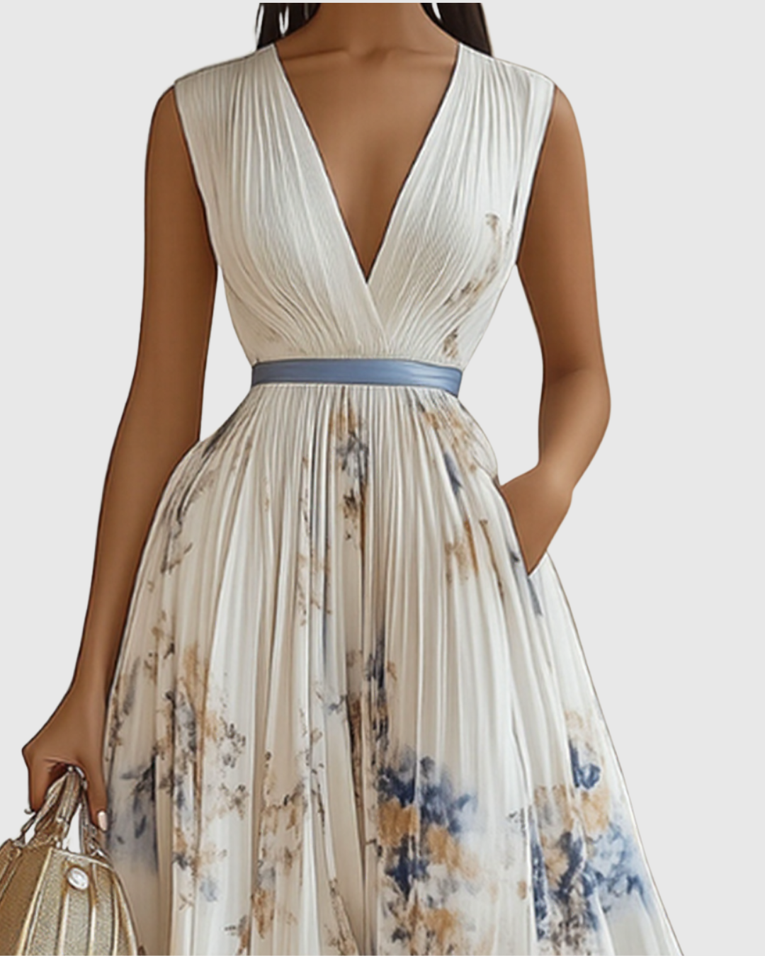 Elegantes Damen Sommerkleid mit Blumenmuster. Ärmelloses Plissee Midi-Kleid für Partys.