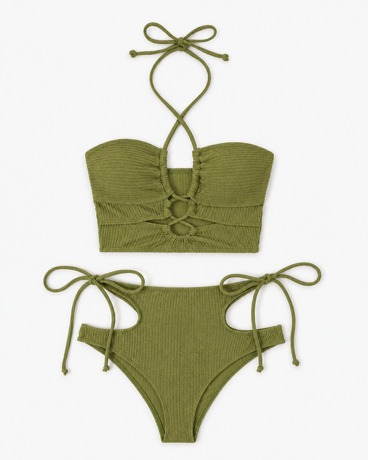 Stylischer Damen Bikini Zweiteiler mit Hochbund und Cut-Outs, Neckholder. Bequeme und modische Strandmode.