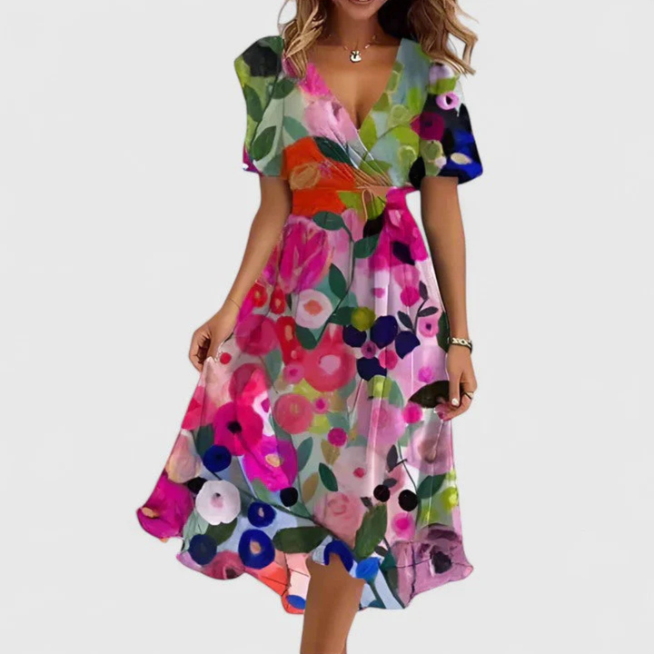 Stylisches Damen Blumen Midi-Kleid mit V-Ausschnitt, locker geschnitten. Vielseitiges festliches Sommerkleid.