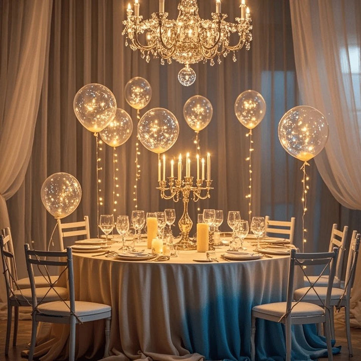 Detailansicht eines leuchtenden LED Luftballons, der als zauberhafte Deko für Hochzeit oder Party dient.