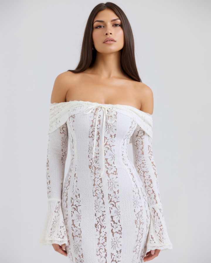 Elegantes weißes Off-Shoulder Maxi-Kleid für Hochzeitsgäste und festliche Anlässe, Damen.