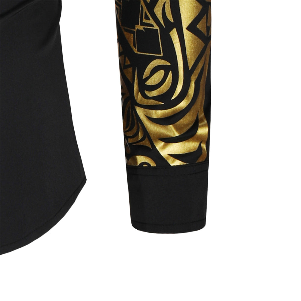Elegantes Slim Fit Herrenhemd in Schwarz mit goldenen Details, ideal für festliche Anlässe.