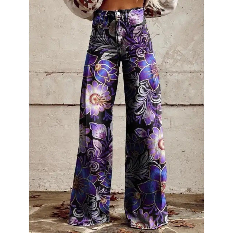 Elegante Damen Schlaghose mit detailliertem Retro Blumenprint und weitem Bein.