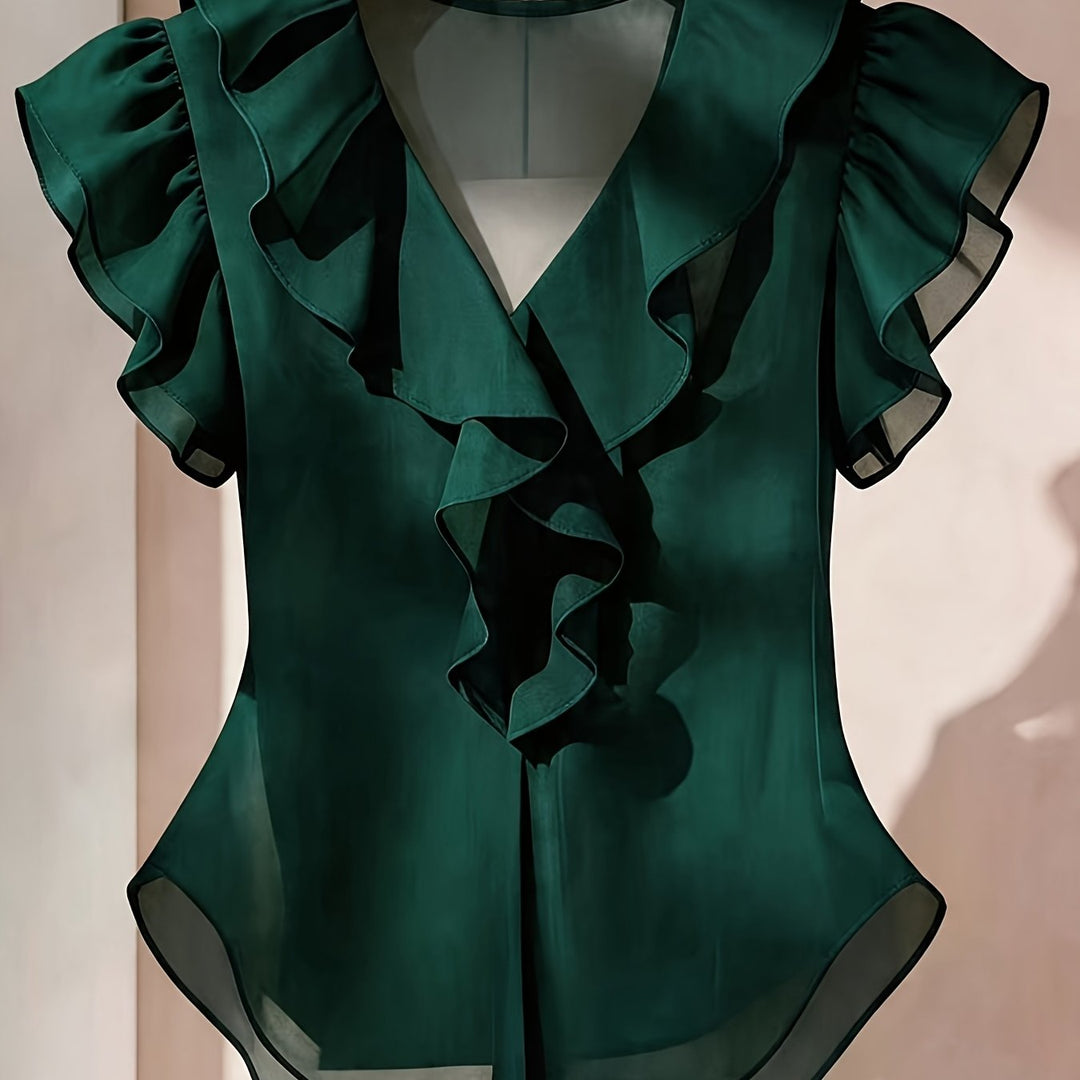 Elegante Damenbluse für Büro und Anlässe mit V-Ausschnitt und Volantärmeln.