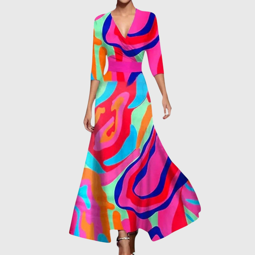 Damen Maxikleid mit Blumenmuster, V-Ausschnitt. Elegantes Sommer Wickelkleid, fließend & kurzärmlig.