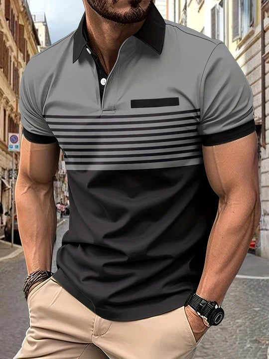 Modernes Herren Kurzarm-Poloshirt Damian mit Streifen, lässig kombiniert. Ideal für Freizeit & Sommeraktivitäten.