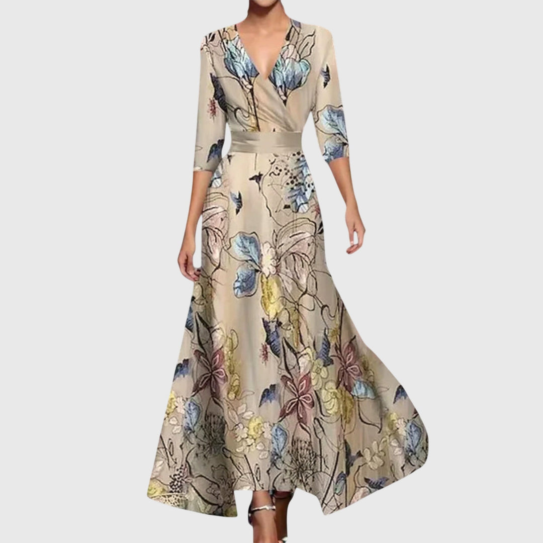 Damen Maxikleid mit wunderschönem Blumenmuster, tiefem V-Ausschnitt & fließendem Schnitt. Wickelkleid.