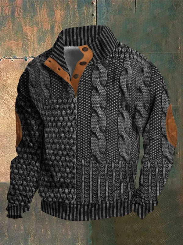 Herren Strickpullover mit Zopfmuster, Patchwork und Knopfkragen. Bequem, langarm und ideal für stilvolle Herbst-Outfits.