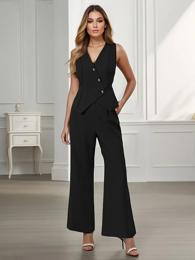 Stylischer Damen Hosenanzug Selina mit Weste & ausgestellter Flarehose. Ein trendiges Frühlings-Outfit für Frauen.