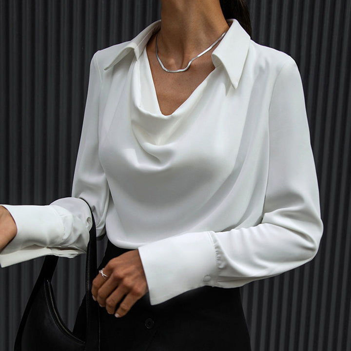 Damen Langarmshirt mit elegantem Wasserfallkragen für Herbst und Business.