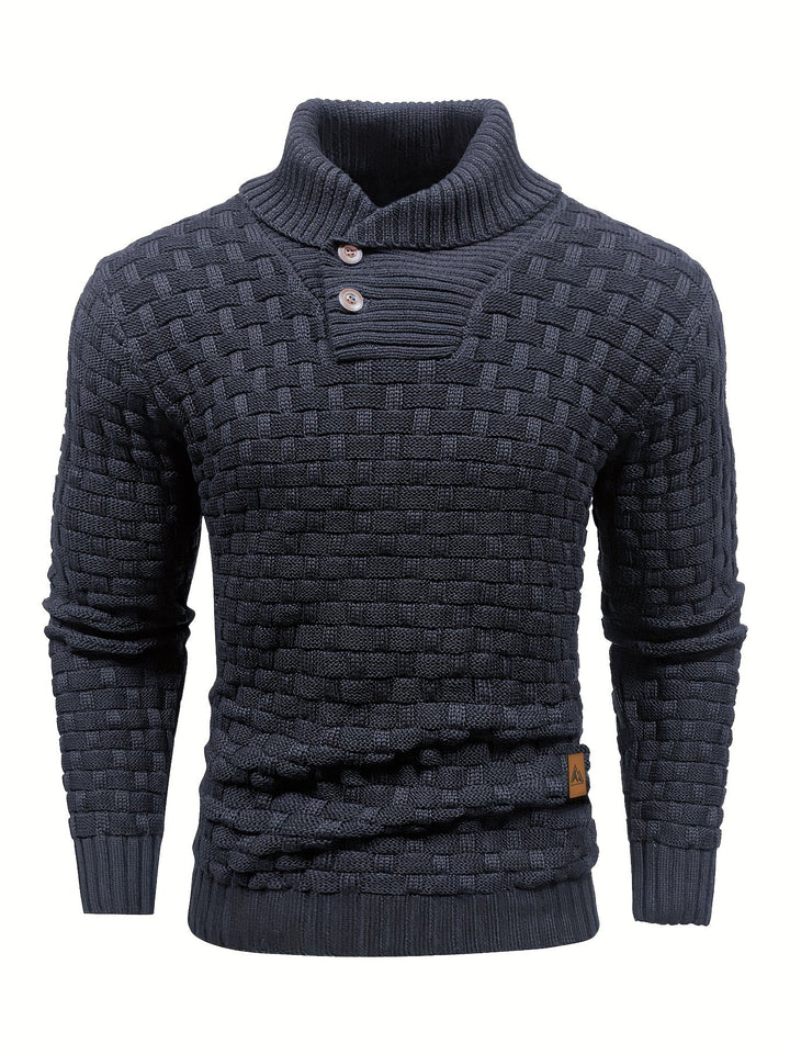 Eleganter Herren Winterpullover mit Schalkragen. Waffelstruktur, bequem & modern.