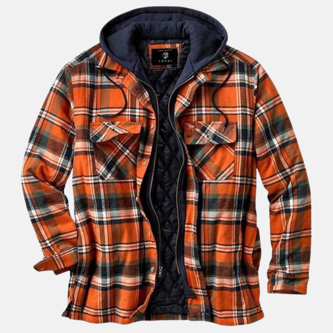 Rückansicht einer karierten Herren-Freizeitjacke, warm & lässig, die ideale Herbst-Winter-Jacke.