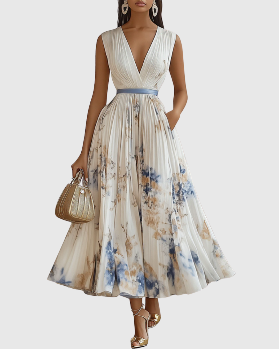 Damen ärmelloses Plissee Blumen Midi Kleid. Perfektes Sommerkleid & Freizeitkleid.