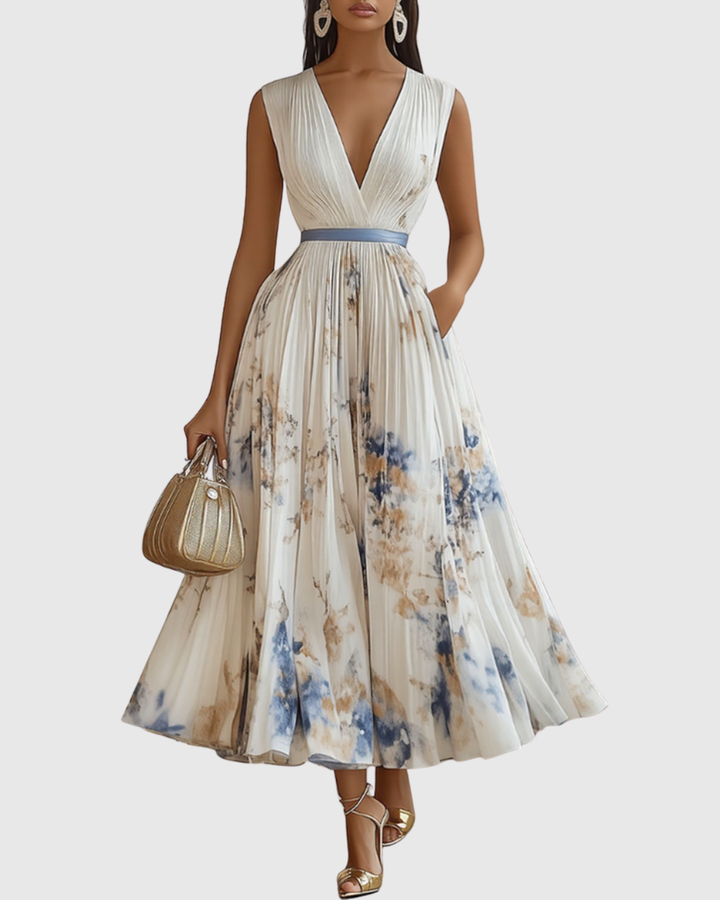 Damen ärmelloses Plissee Blumen Midi Kleid. Perfektes Sommerkleid & Freizeitkleid.