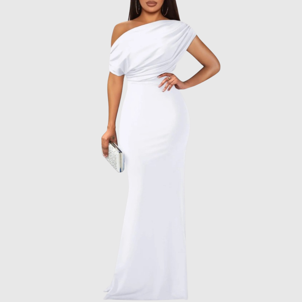 Damen Formelles Ein Schulter Maxikleid in Weiss von vorne präsentiert