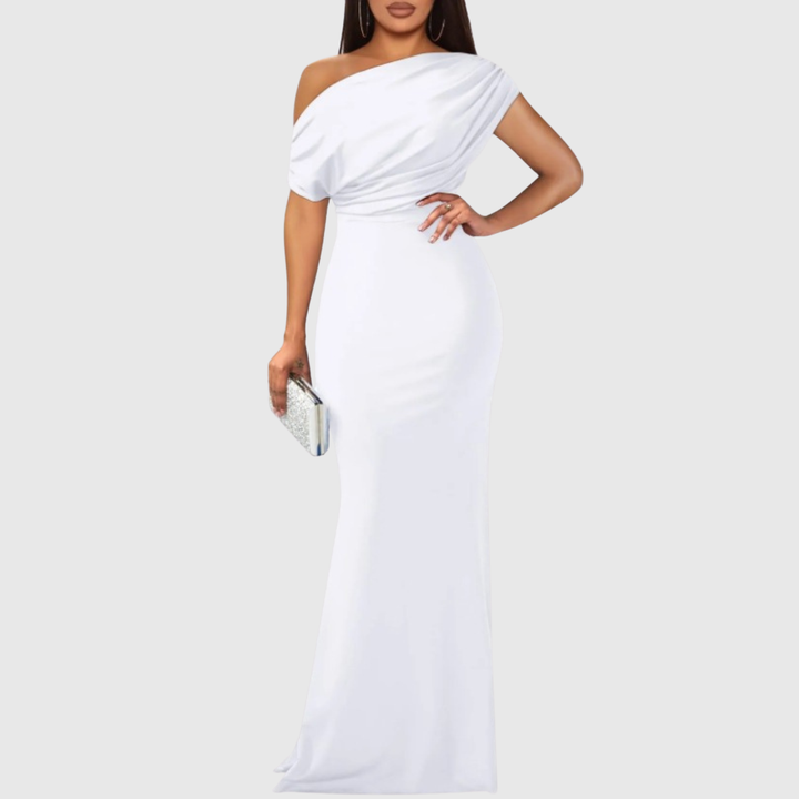 Damen Formelles Ein Schulter Maxikleid in Weiss von vorne präsentiert