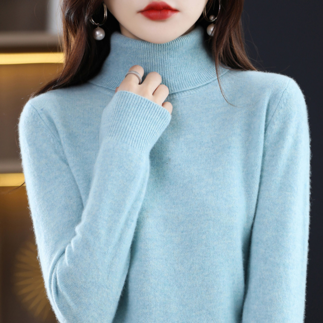 Weicher Kaschmir-Damenpullover Elena mit Rollkragen. Zeitloses Design für elegante Frauen und Komfort.