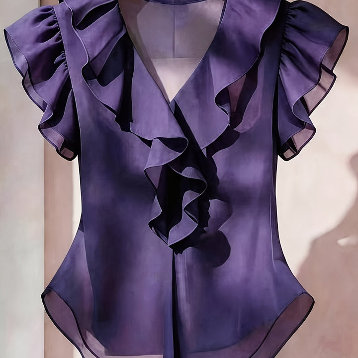 Stilvolle Damenbluse schwarz, V-Ausschnitt, Volantärmel, Rüschen, für formelle Anlässe.