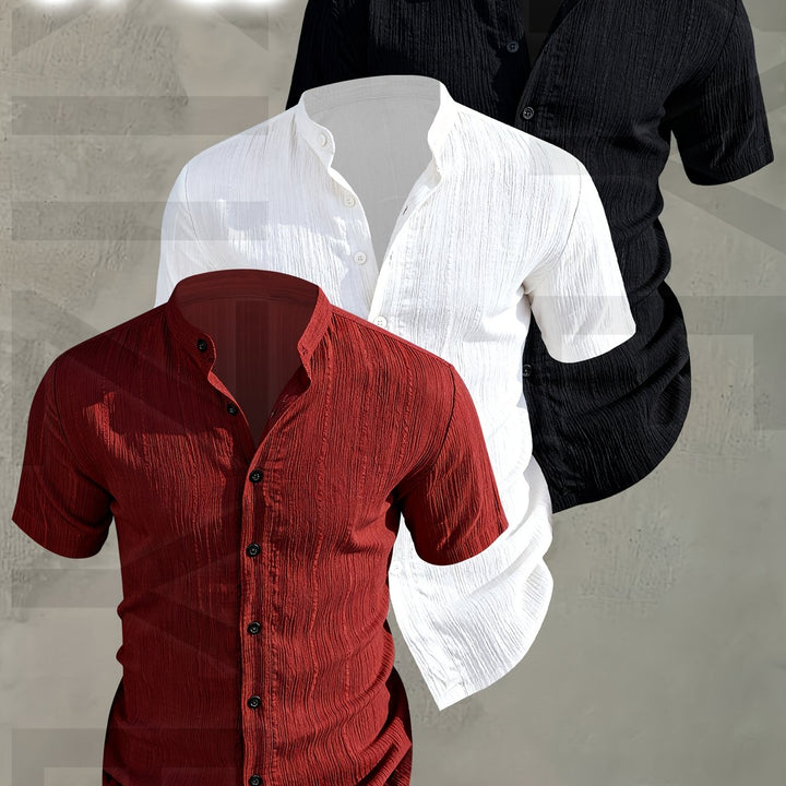 Herren Hemden Set: 3 modische Kurzarmhemden mit Stehkragen; ideal für warme Frühlingstage.