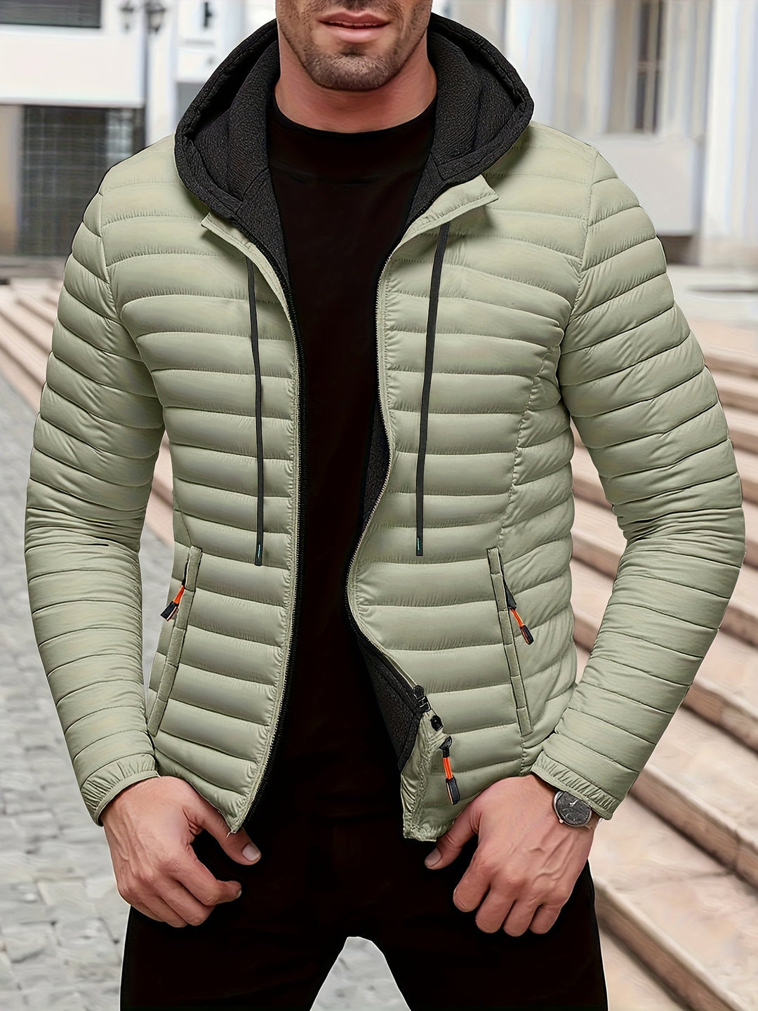 Robuste Herren Outdoor-Steppjacke mit Kapuze & Reißverschluss. Warme Freizeitjacke für aktive Männer & große Größen.